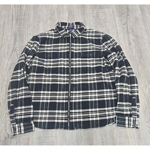 Chaps Denim Jacket Women XL Black White Plaid Zip Front Shirt Flannel Casual